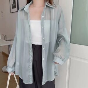 YesStyle Light Green Sheer Blouse Women One Size